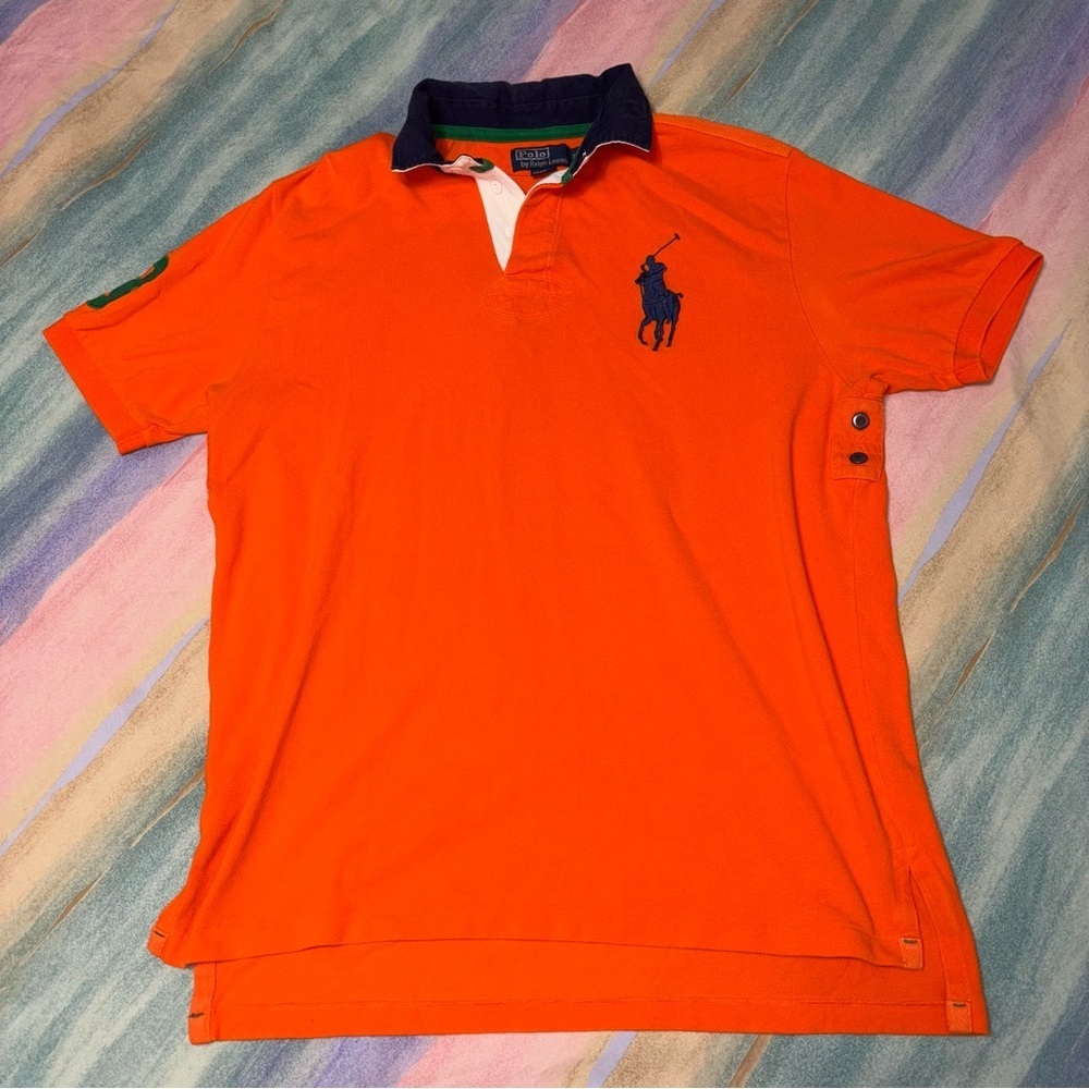 VINTAGE Polo Ralph Lauren Rugby Shirt Size XL Big Pony #3 Orange Blue 90s